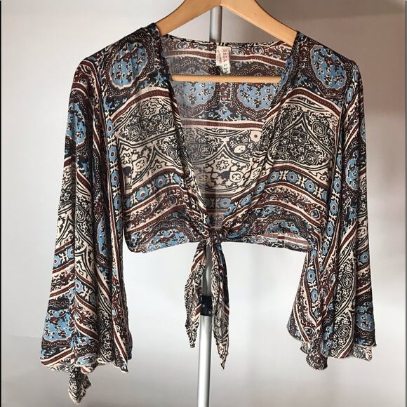 RAGA bell sleeved boho crop tie top - Picture 1 of 7